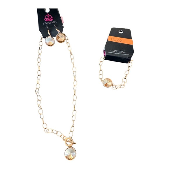 paparazzi Jewelry - Paparazzi Gold Tone Peach Crystal Necklace Earrings Bracelet Jewelry Set NWT